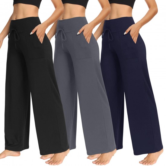 3-pack women's wide-leg pants with pockets - casual loose yoga athletic lounge sleep pants 3-pack women's wide-leg pants with pockets - casual loose yoga athletic lounge sleep pants